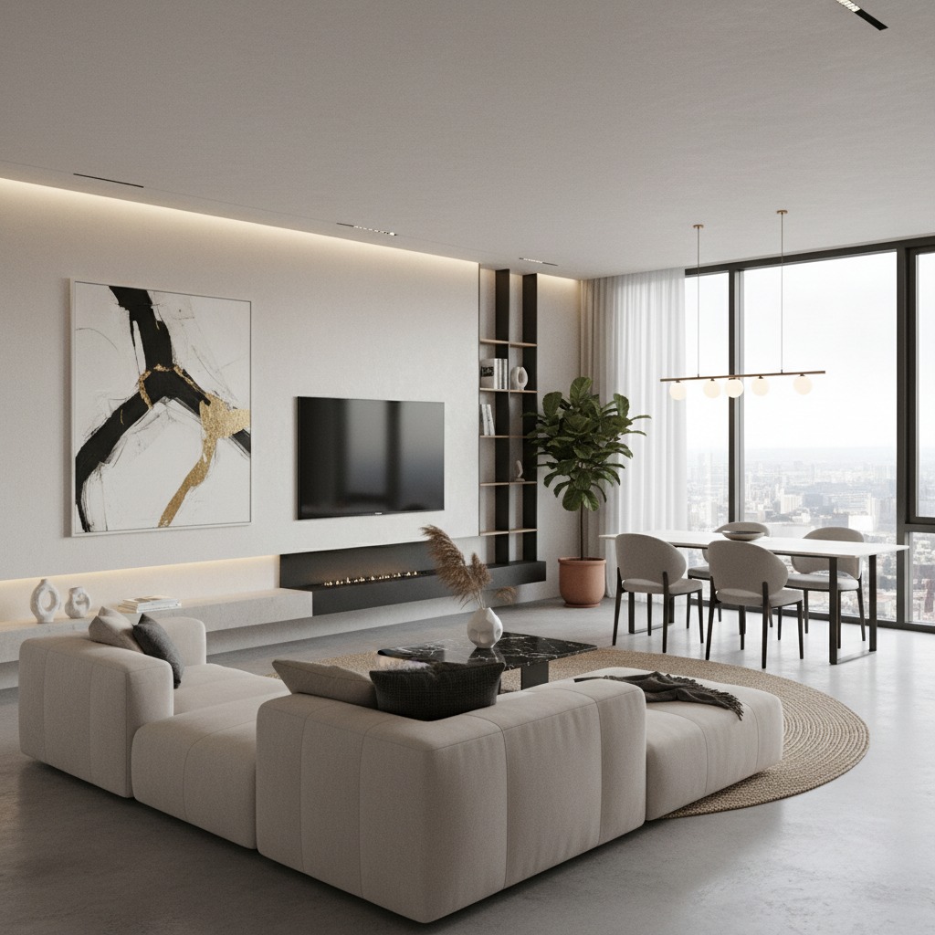 A modern, minimalist living room with a large modular sectional sofa, a fireplace under a wall-mounted TV, and floor-to-ceiling windows showing a city view.